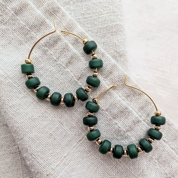 Hand Crafted Jewelry - Dark Green Glass, Gold and Brass Handmade Steel Hoop Earrings